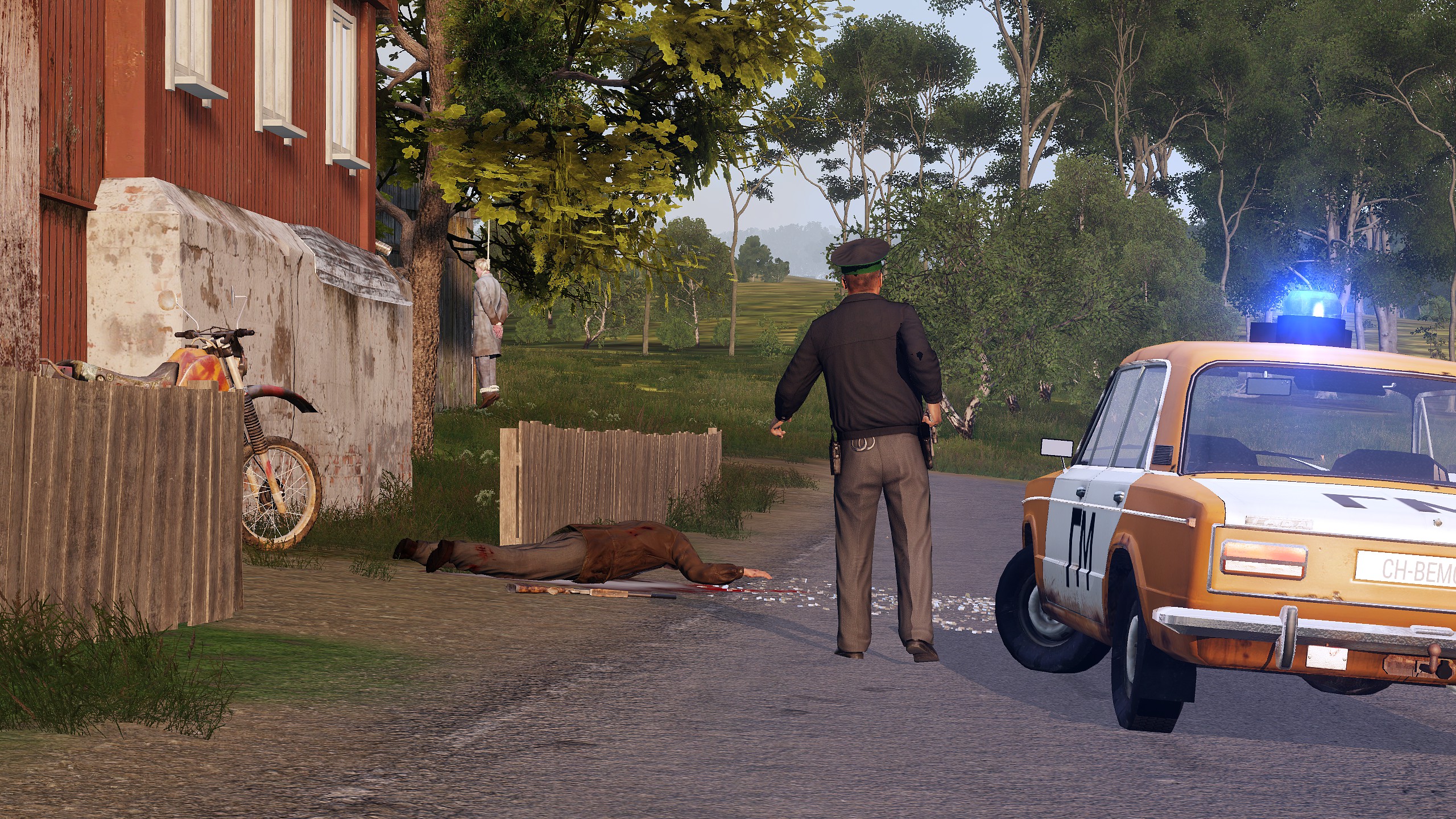 Militia man standing, dead body in a pool of blood just in front of him. Woman hangs from a tree in the distance.