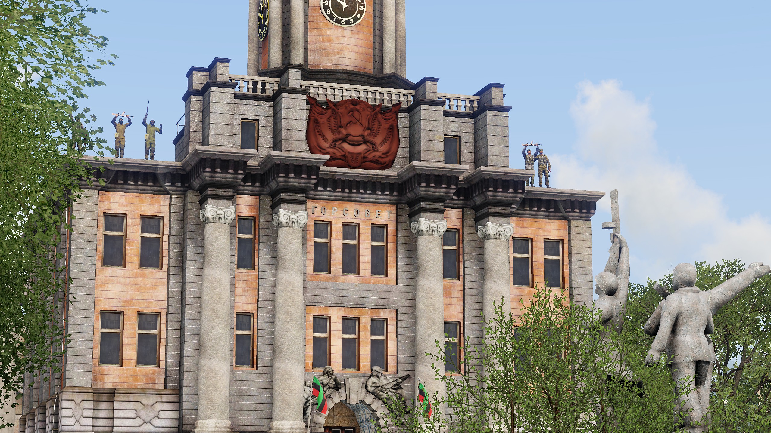 Chedaki fighters celebrate victory on the top of Chernogorsk city hall. Visible Chedaki flags.