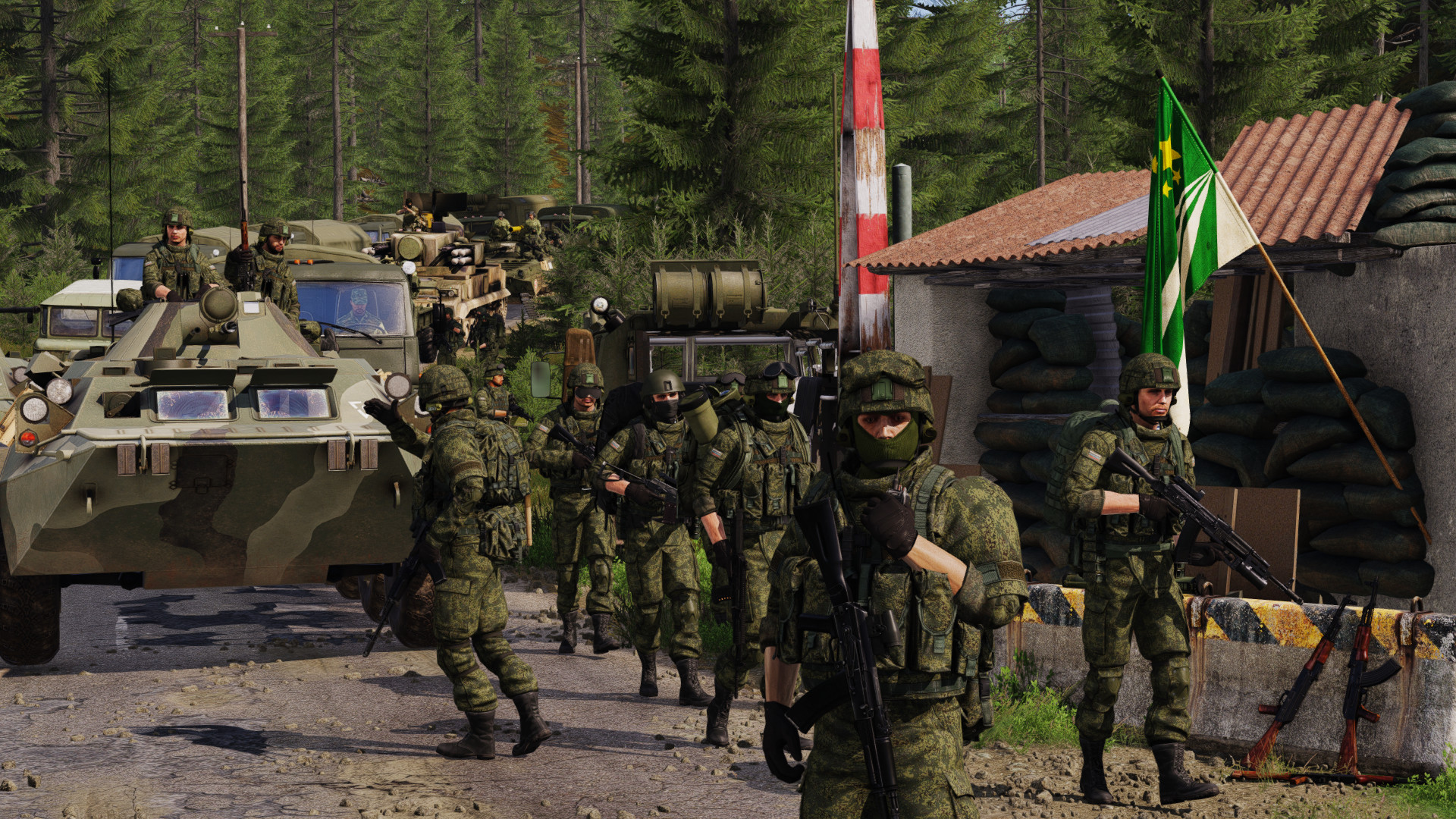 Russian trucks cross Chernarus border checkpoint. Russian soldiers took the checkpoint.