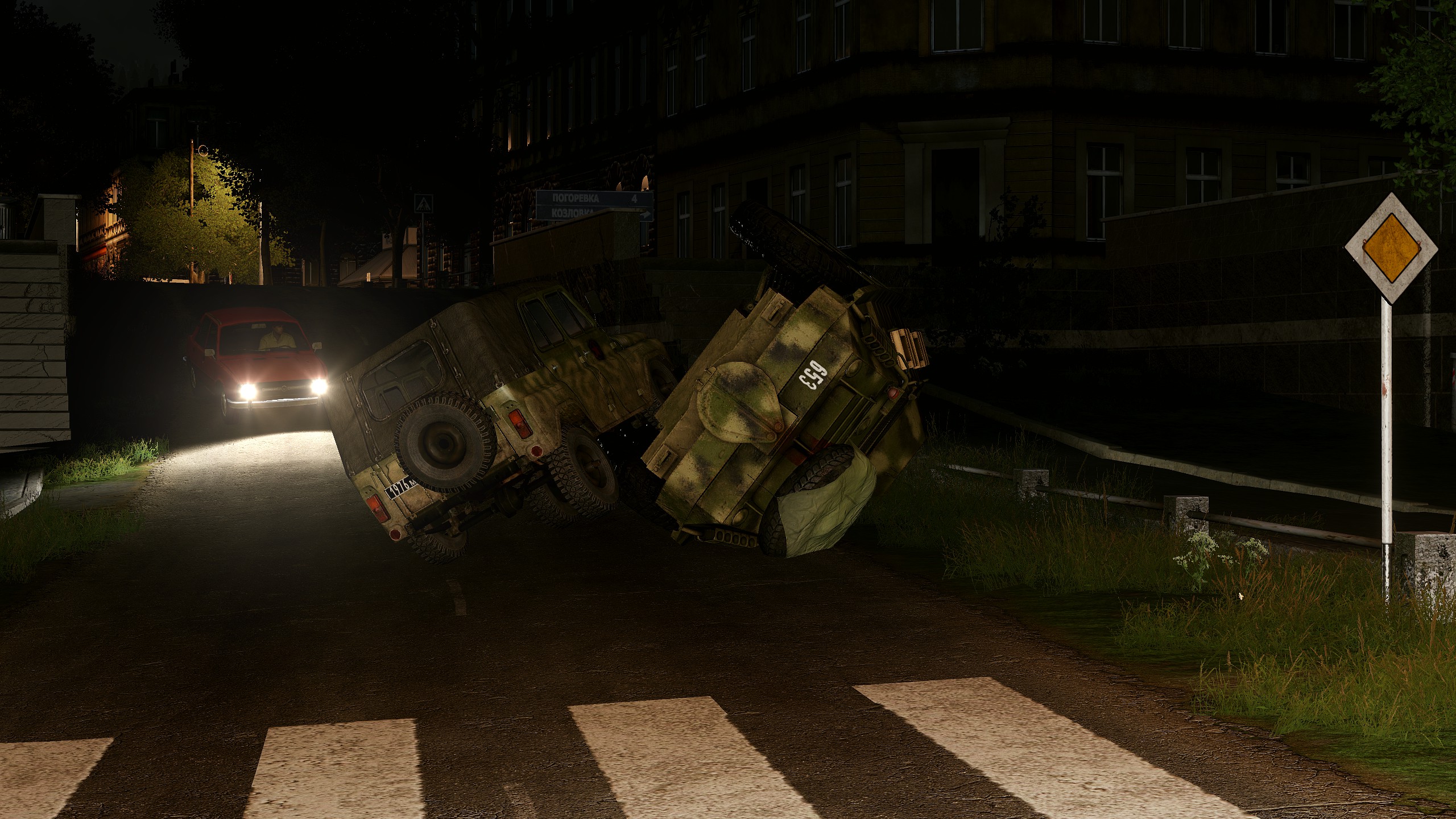 Overturned BTR and crashed UAZ on the main street in Zelenogorsk.